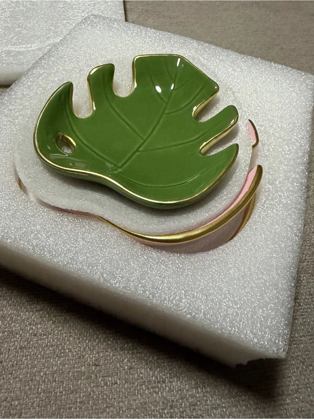 Monstera Ceramic Jewelry Tray Set - White, Pink & Green